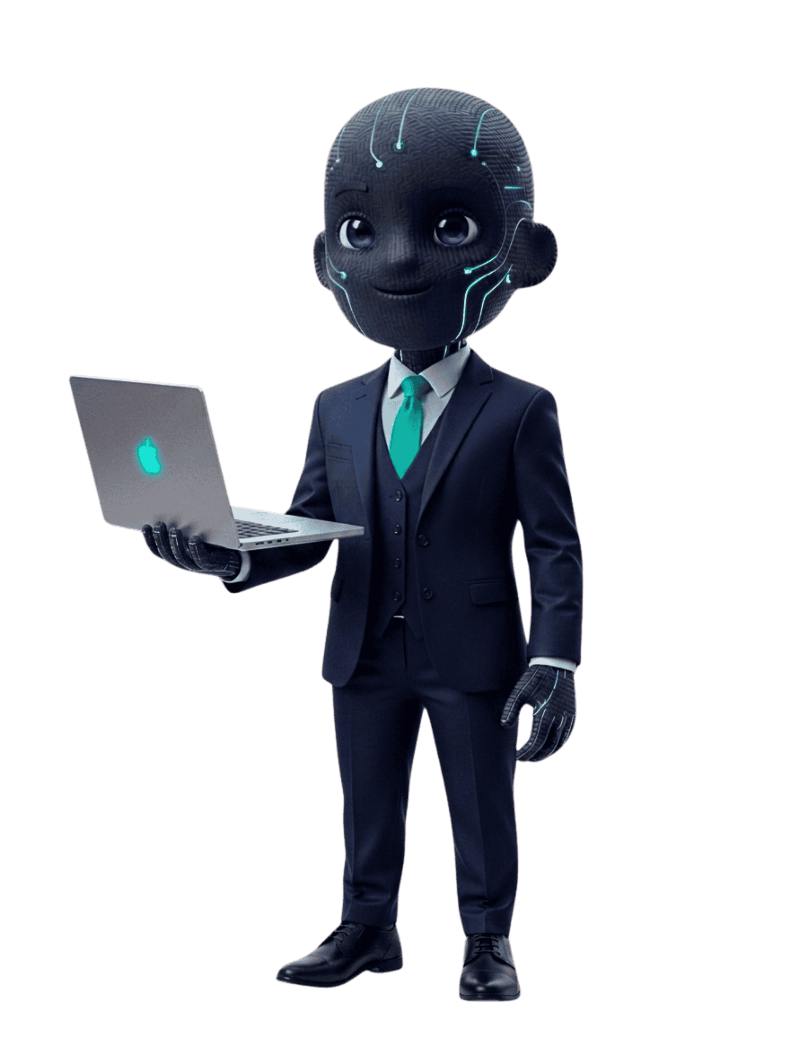 Softnixt AI mascot holding laptop